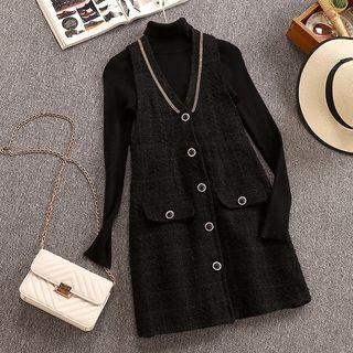 Set: Mock Neck Knit Top + Tweed Pinafore Dress