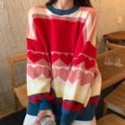 Long-sleeve Heart Print Color Block Sweater Love Heart - Pink & Red & Yellow - One Size