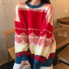 Long-sleeve Heart Print Color Block Sweater Love Heart - Pink & Red & Yellow - One Size