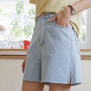 Slit-hem Wide-leg Denim Shorts