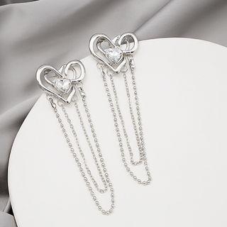 Heart Rhinestone Chained Earring 1 Pair - E1659 - 3 - Silver - One Size