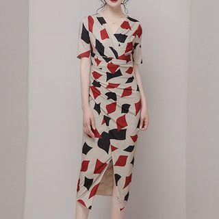 Printed Wrap Split Sheath Dress