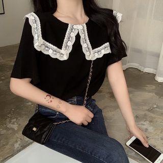 Short-sleeve Collar Lace Trim T-shirt