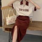 Elbow-sleeve Lettering Polo Shirt / Slit Midi Pencil Skirt