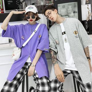 Couple Matching Elbow-sleeve Zip Jacket / Plaid Wide-leg Pants / Printed Short-sleeve T-shirt