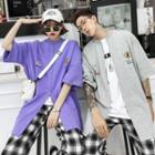 Couple Matching Elbow-sleeve Zip Jacket / Plaid Wide-leg Pants / Printed Short-sleeve T-shirt