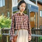 Plaid Long-sleeve Blouse Plaid - Red - One Size