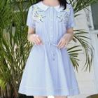 Flower Embroidered Striped Short Sleeve Collared Dress