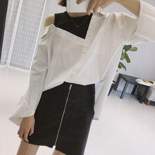 Mock Two Piece Color Panel Cut Out Shoulder Shirt