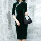 3/4-sleeve Velvet Midi Qipao Dress