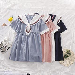 Short-sleeve Striped Paneled Wide Collar A-line Mini Dress