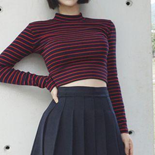 Striped Print Long-sleeve Crop Top Red - One Size
