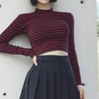 Striped Print Long-sleeve Crop Top Red - One Size