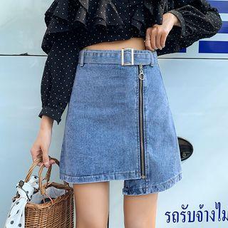 Asymmetric Zip A-line Mini Denim Skirt
