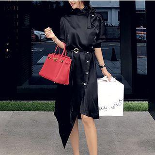 Asymmetric Hem Tie Neck Long-sleeve Dress