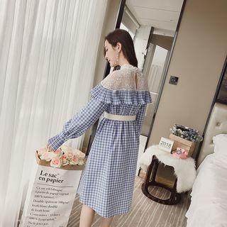 Lace Panel Plaid Long Sleeve Dress With Belt