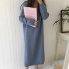Long-sleeve V-neck Midi Shift Knit Dress