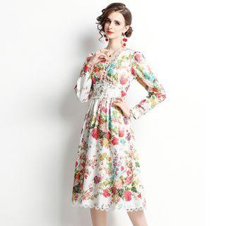 Long-sleeve Flower Print Lace Trim A-line Dress