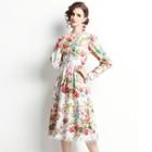 Long-sleeve Flower Print Lace Trim A-line Dress