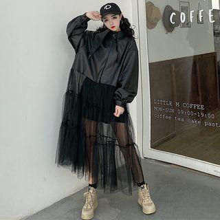 Plain Long-sleeve Top / Mesh Panel Faux-leather Long Jacket
