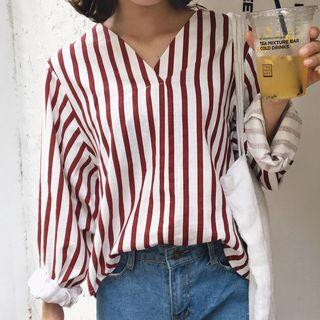 V-neck Pinstripe Long-sleeve Top