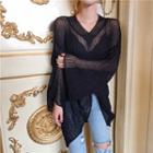 Plain Bell-sleeve Loose-fit Knit Top Black - One Size