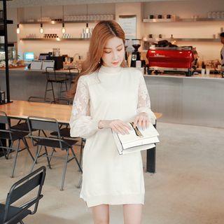 Mock-neck Lace-sleeve Knit Dress
