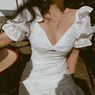 Short-sleeve Eyelet Lace Mini Mermaid Dress