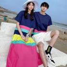 Couple Matching Short-sleeve Striped A-line Midi Dress / Short-sleeve T-shirt / Shorts