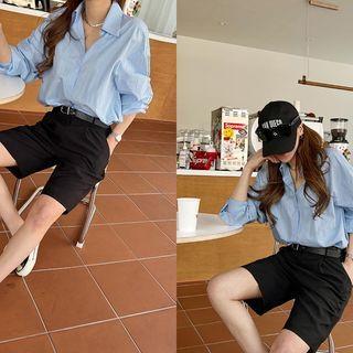 Hidden-button Curve-hem Shirt Sky Blue - One Size