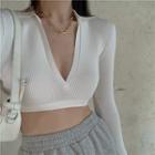 V-neck Collared Knit Crop Top White - One Size