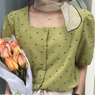 Short-sleeve Square Neck Polka Dot Shirt