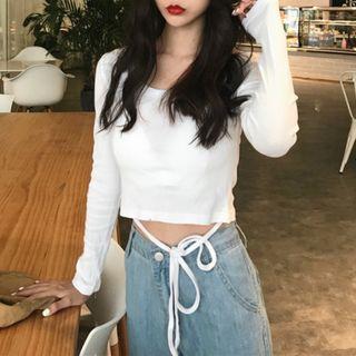Long-sleeve Tie-front Cropped T-shirt