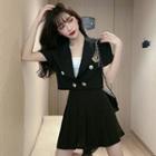 Double Breasted Short-sleeve Shirt / Pleated Skirt / Set
