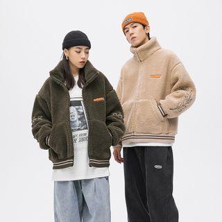 Embroidered Zip Faux Shearling Jacket