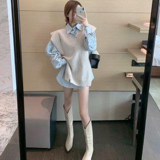 Loose-fit Striped Shirt / Distressed Loose-fit Knit Vest
