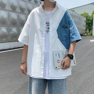 3/4 Sleeve Denim Panel Loose-fit Shirt