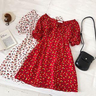 Floral Square-neck Short-sleeve Chiffon Dress