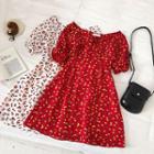 Floral Square-neck Short-sleeve Chiffon Dress