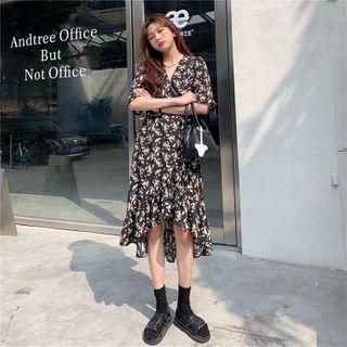Short-sleeve Floral Print High-low A-line Dress Black - One Size