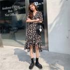 Short-sleeve Floral Print High-low A-line Dress Black - One Size