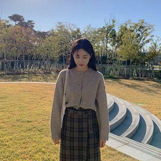 Round-neck Rib-knit Wool Blend Cardigan
