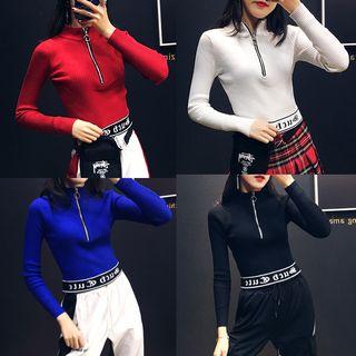 Half-zip Lettering Crop Knit Top