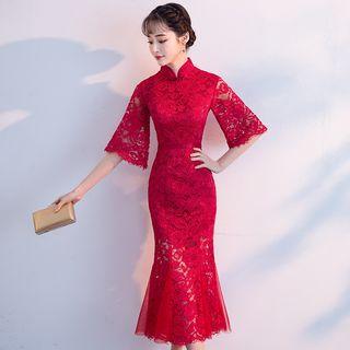 Short-sleeve Lace Midi Qipao Sheath Dress