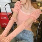 Set: Puff-sleeve Lace Trim Top + Arm Sleeves