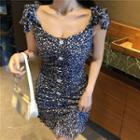 Floral Cap-sleeve Button Mini Bodycon Dress As Shown In Figure - One Size