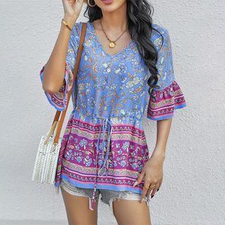 Short-sleeve Floral Print V-neck Drawstring Blouse