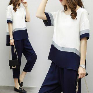 Set: Elbow-sleeve Contrast Trim Top + Cropped Pants