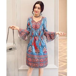 3/4-sleeve Flare-sleeve Printed A-line Dress