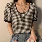 Gingham Puff-sleeve Square-neck Top